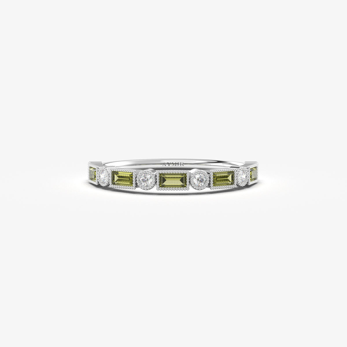White gold green-stone baguette ring, front view