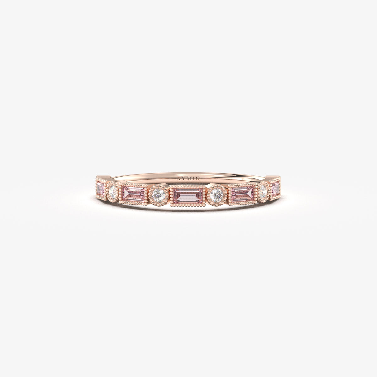 Rose gold pink-stone baguette ring, front view