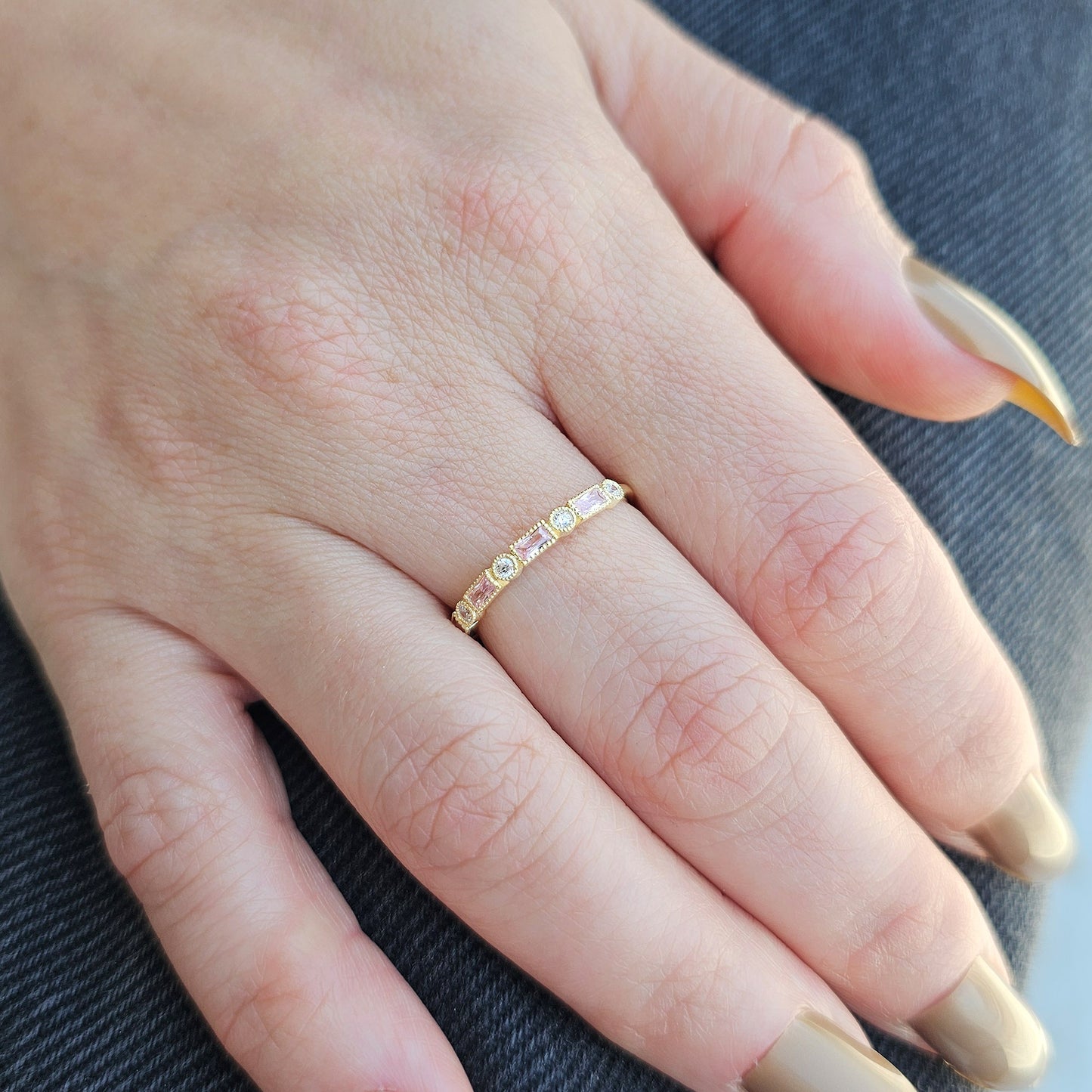 18K Gold Baguette Cut Pink and Cz Ring - 2S233PNK