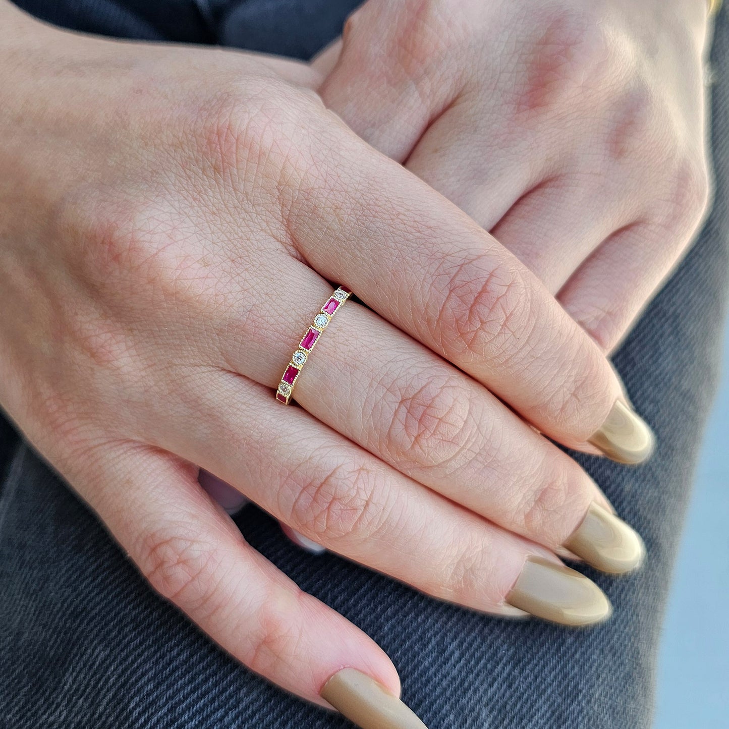 18K Gold Baguette Cut Ruby and Cz Ring - 2S233RBY