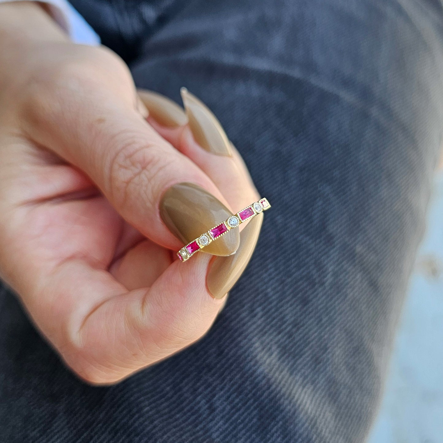 18K Gold Baguette Cut Ruby and Cz Ring - 2S233RBY