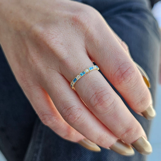18K Solid Gold Baguette Sky Blue and Cz Ring - 2S233SKY
