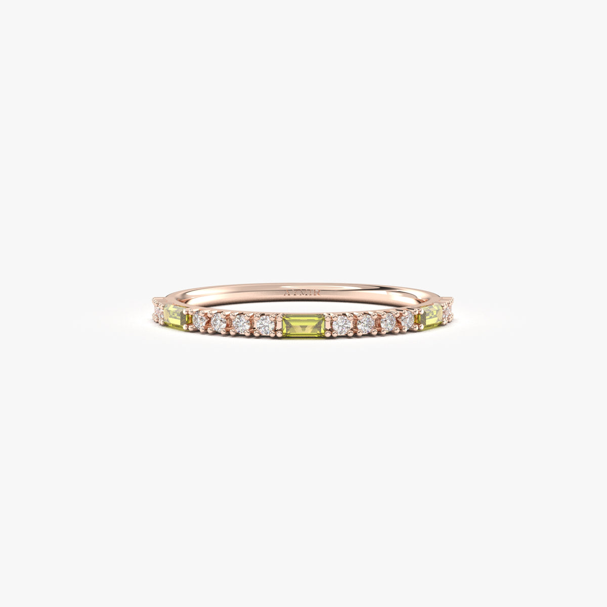 Rose gold green-stone baguette ring, front view