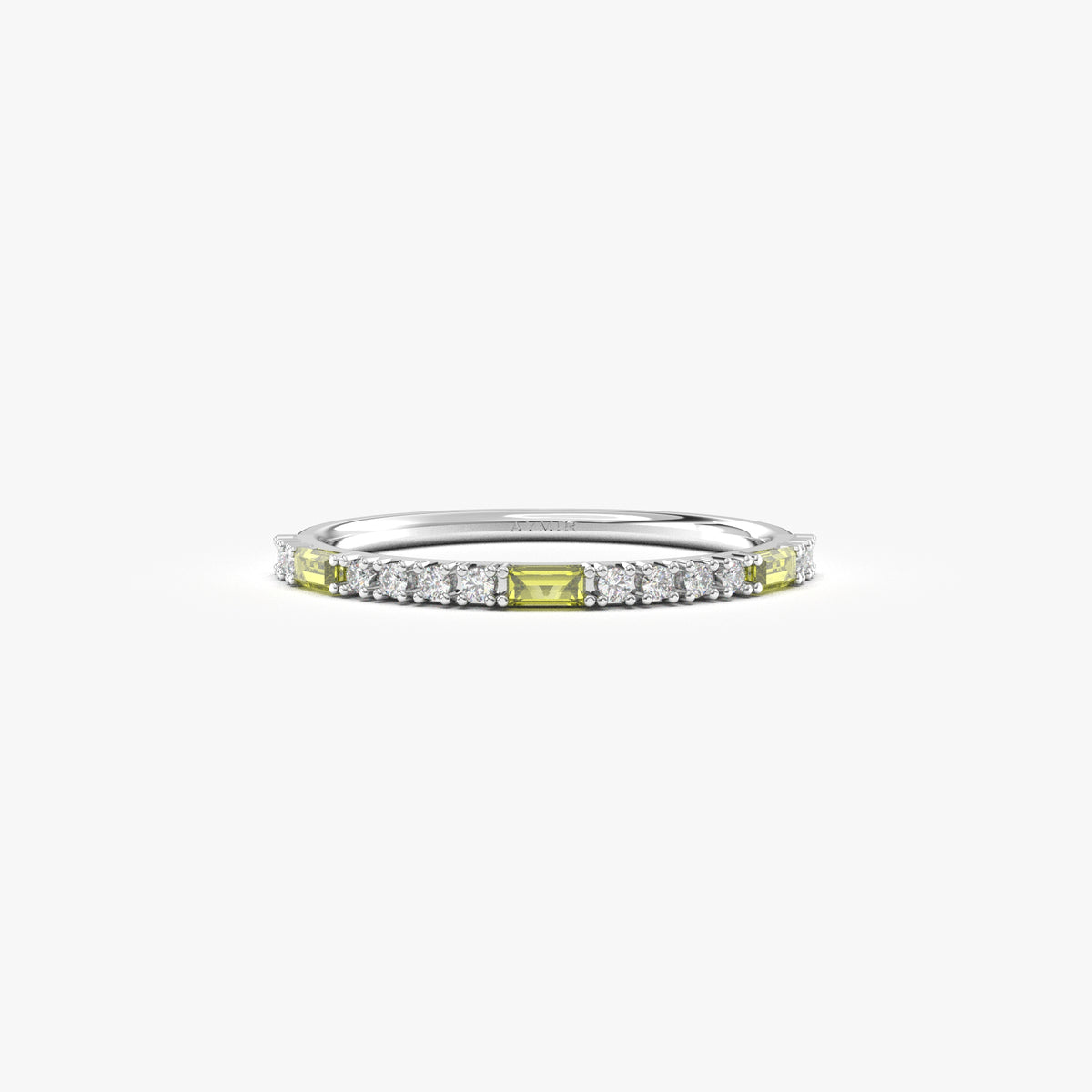 White gold green-stone baguette ring, front view
