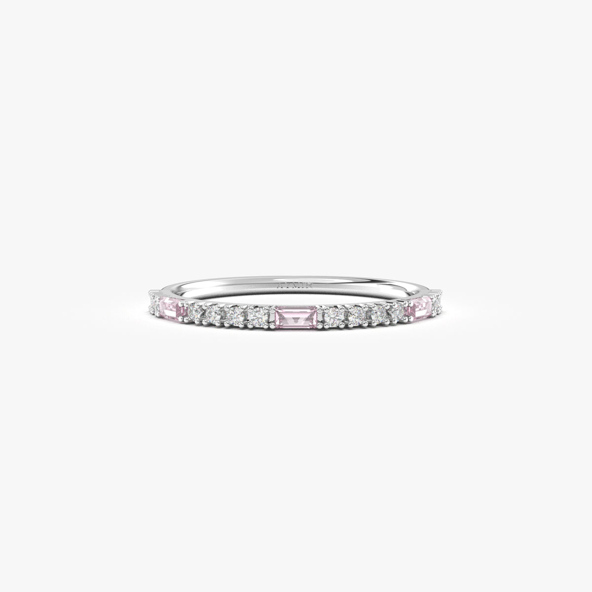 White gold pink-stone baguette ring, front view