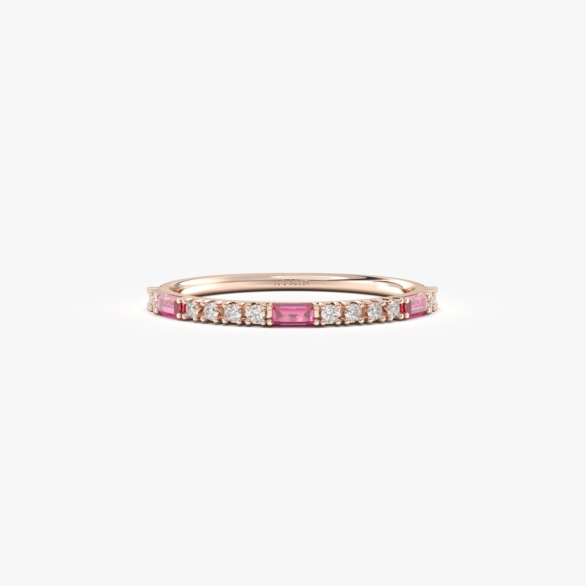 Rose gold red-stone baguette ring, front view