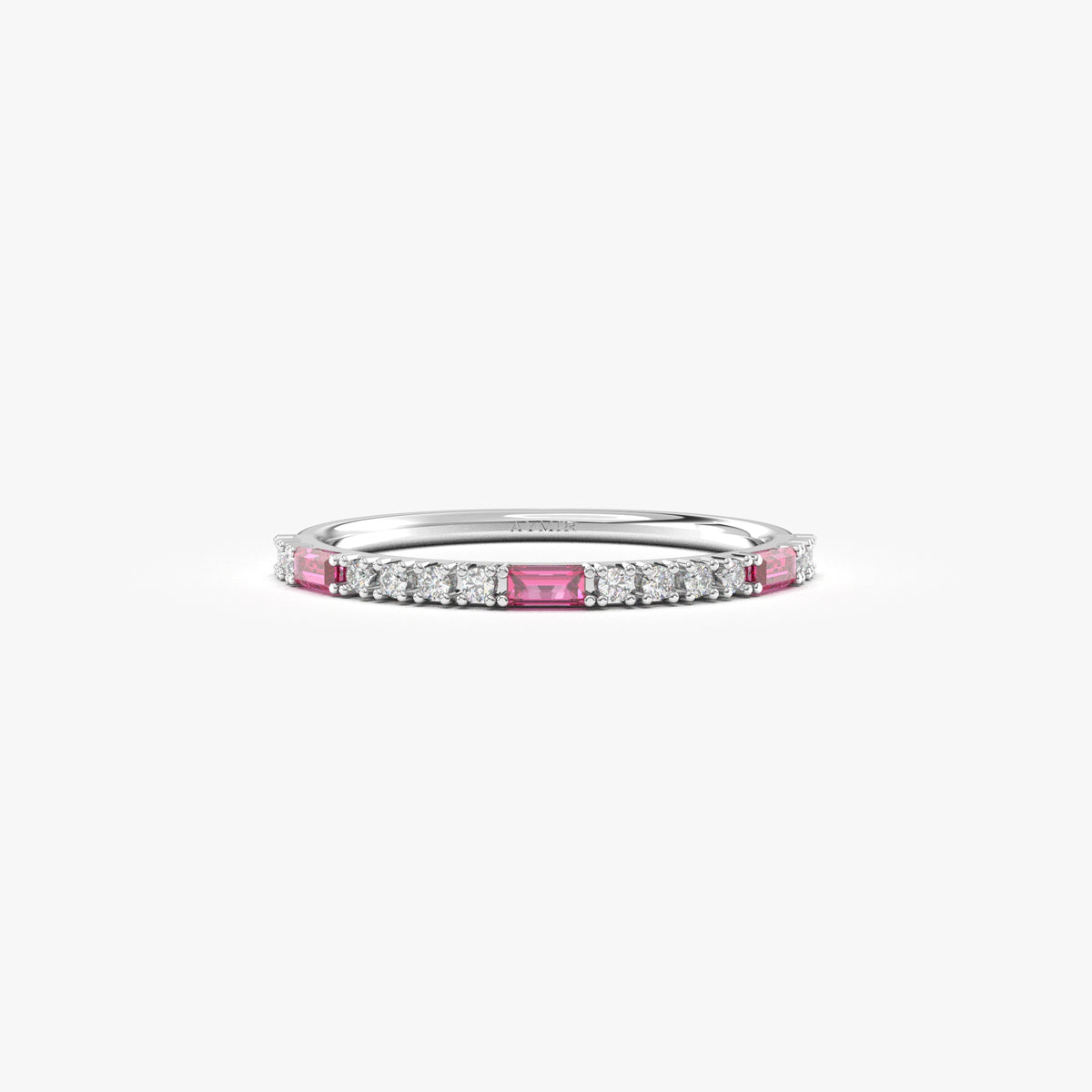 White gold red-stone baguette ring, front view