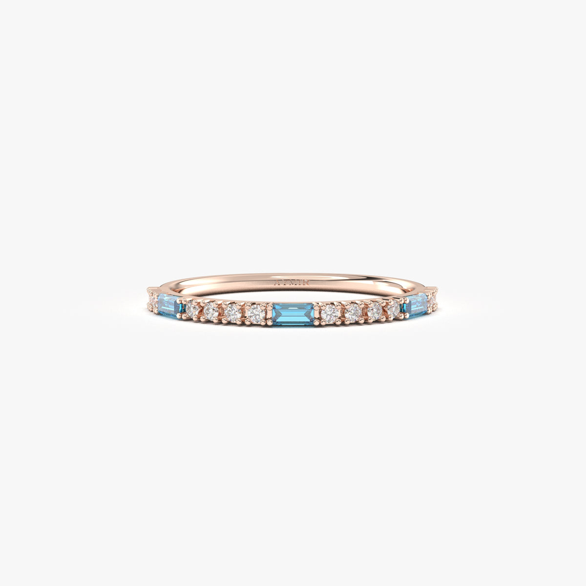 Rose gold light-blue-stone baguette ring, front view