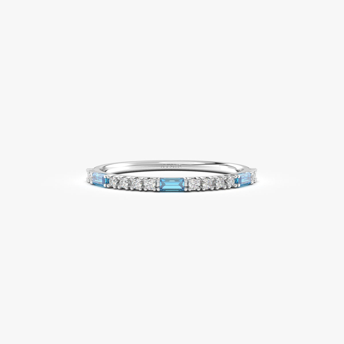 White gold light-blue-stone baguette ring, front view