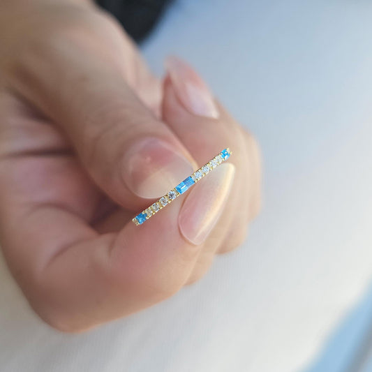 18K Gold Baguette Cut Sky Blue and Cz Ring - 2S241SKY