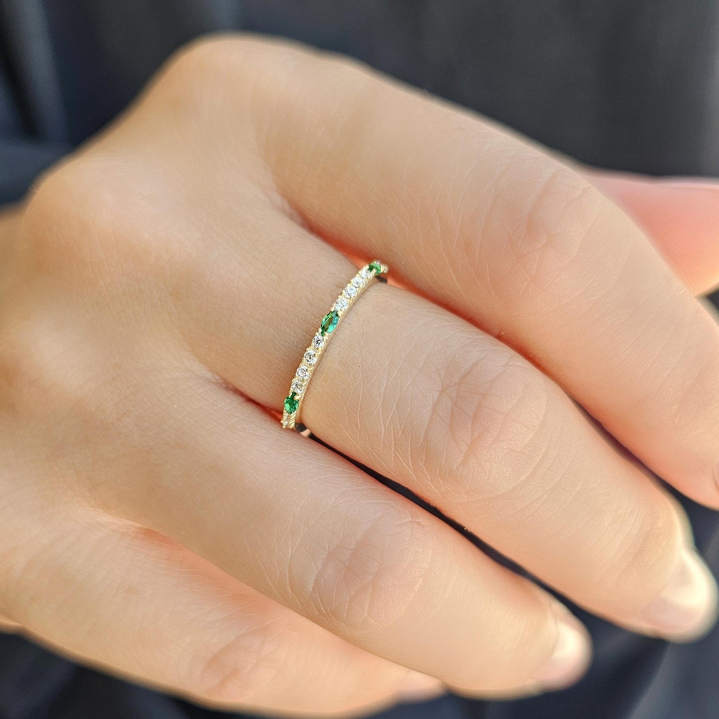 18K Gold Marquise Cut Emerald and Cz Ring - 2S243EME