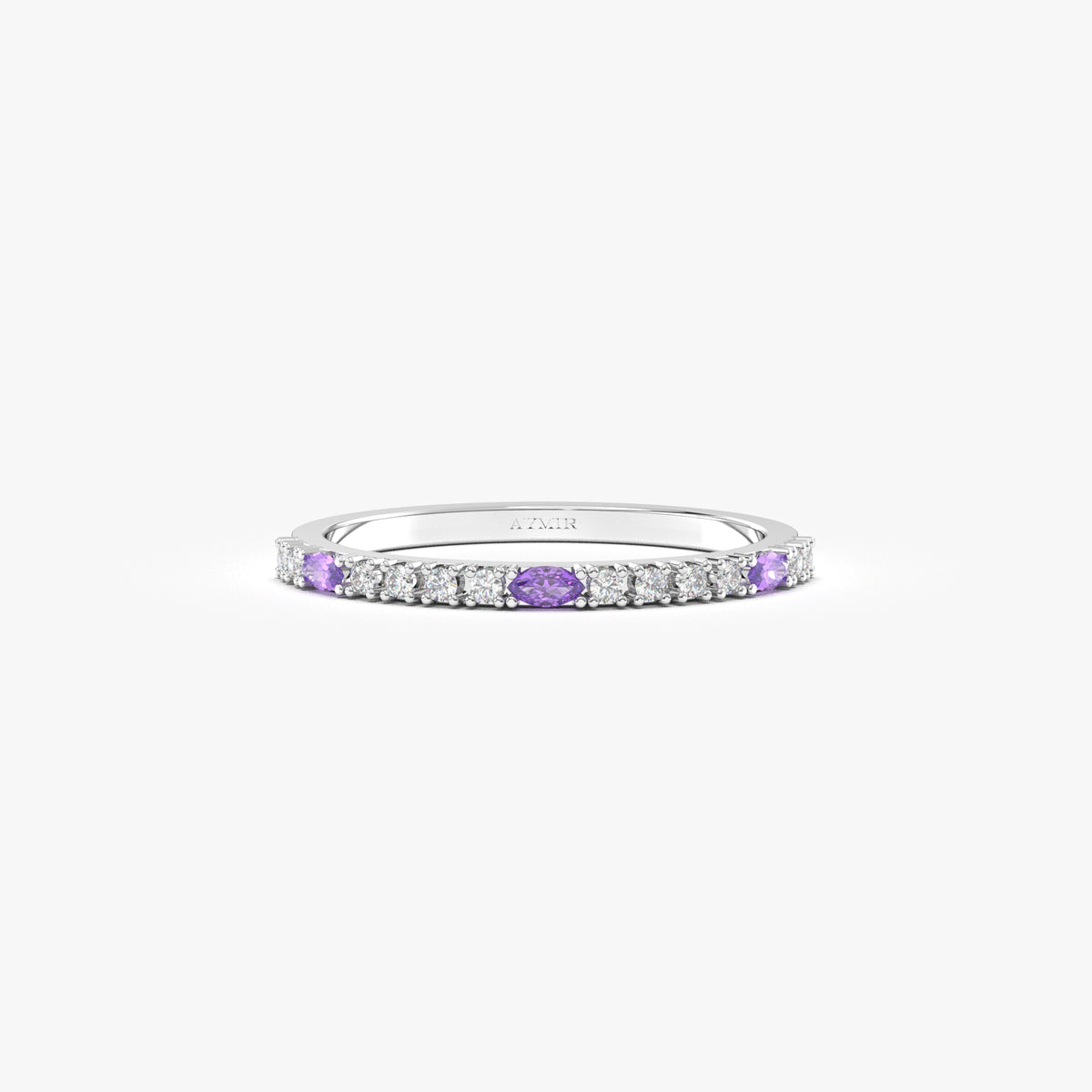 White gold purple-stone marquise ring, front view