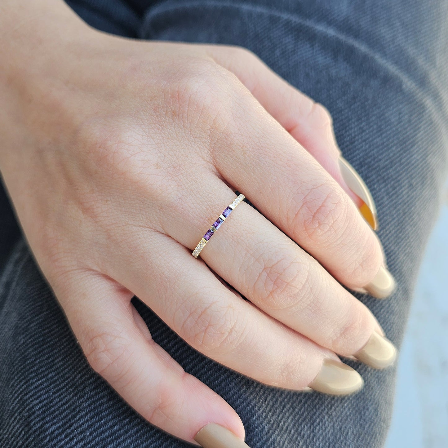 10K Gold Dainty Baguette Amethyst and Diamond Ring - 2S245AME