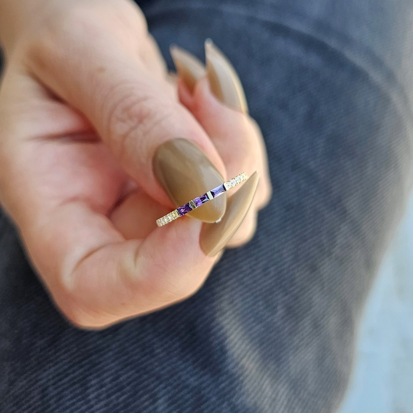 10K Gold Dainty Baguette Amethyst and Diamond Ring - 2S245AME