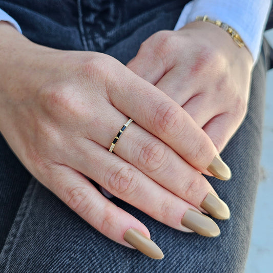 18K Gold Unique Baguette Black Onyx and Cz Ring - 2S245BLK