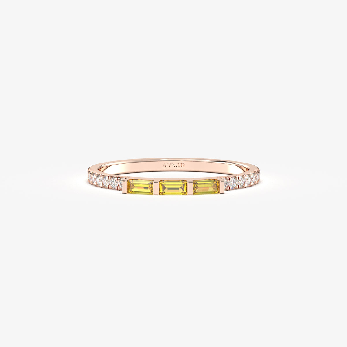 Rose gold yellow-stone baguette ring, front view