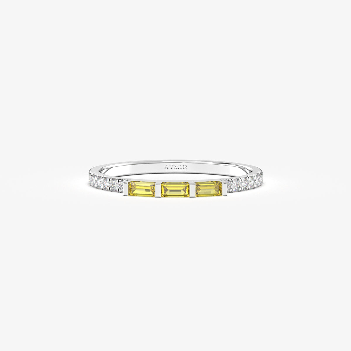 White gold yellow-stone baguette ring, front view
