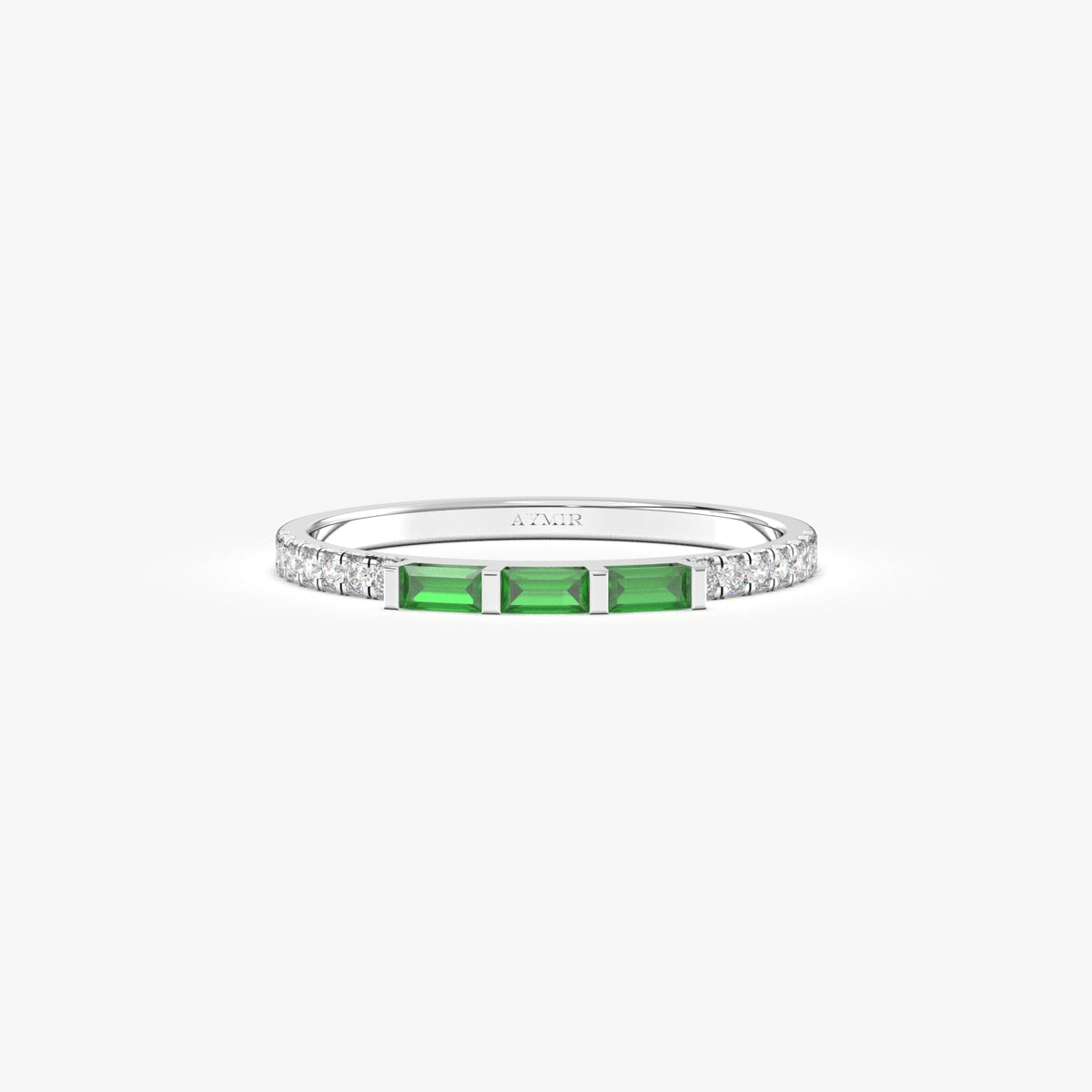 White gold green-stone baguette ring, front view