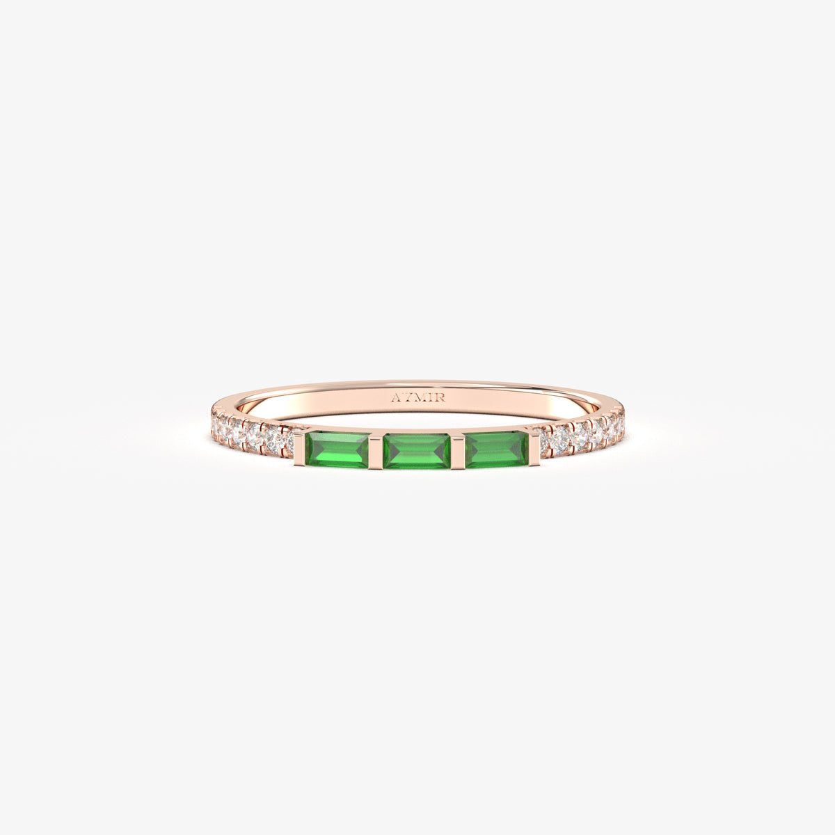 Rose gold green-stone baguette ring, front view