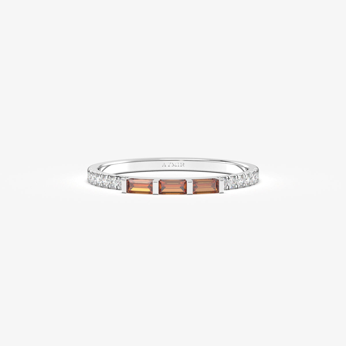 White gold dark-red-stone baguette ring, front view