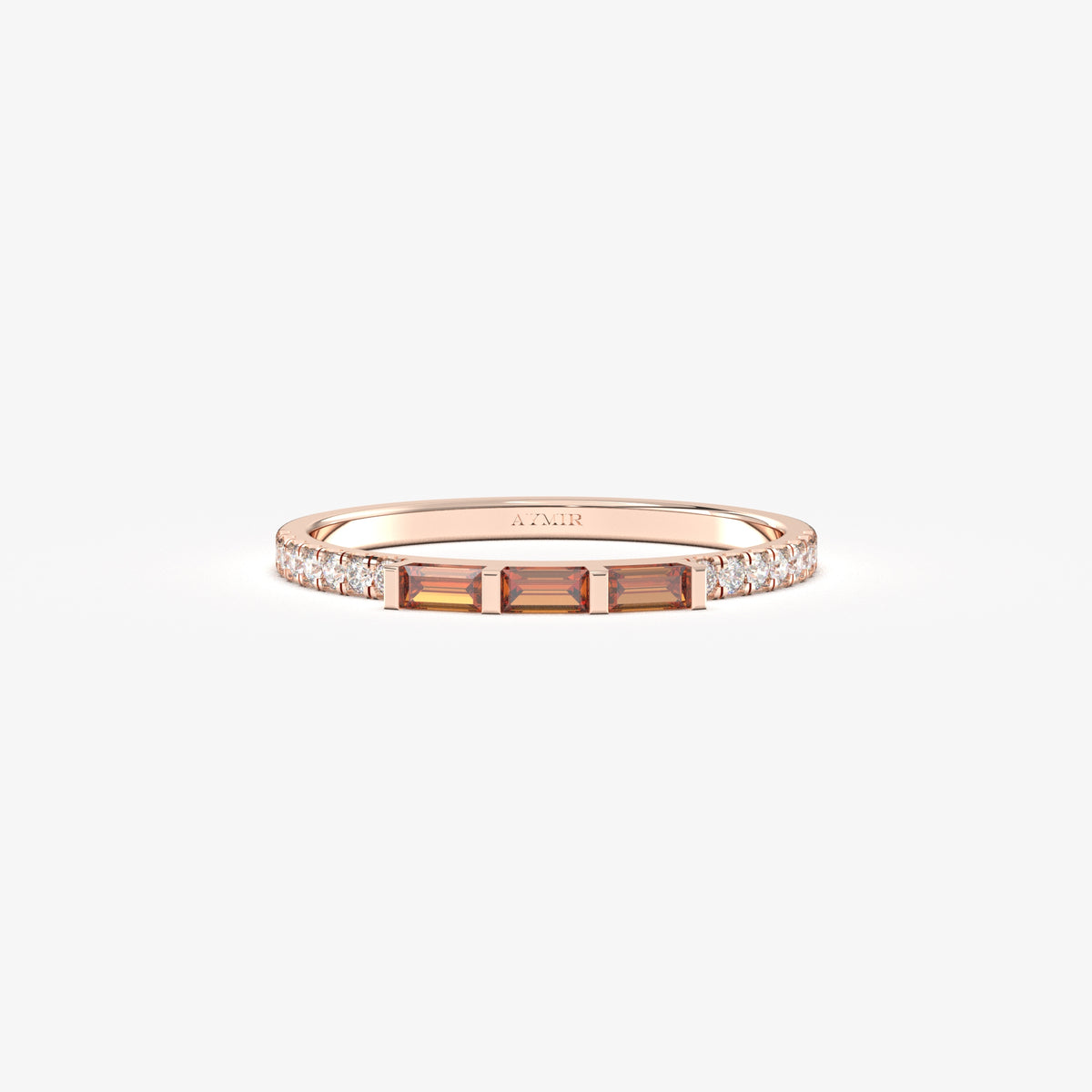 Rose gold dark-red-stone baguette ring, front view