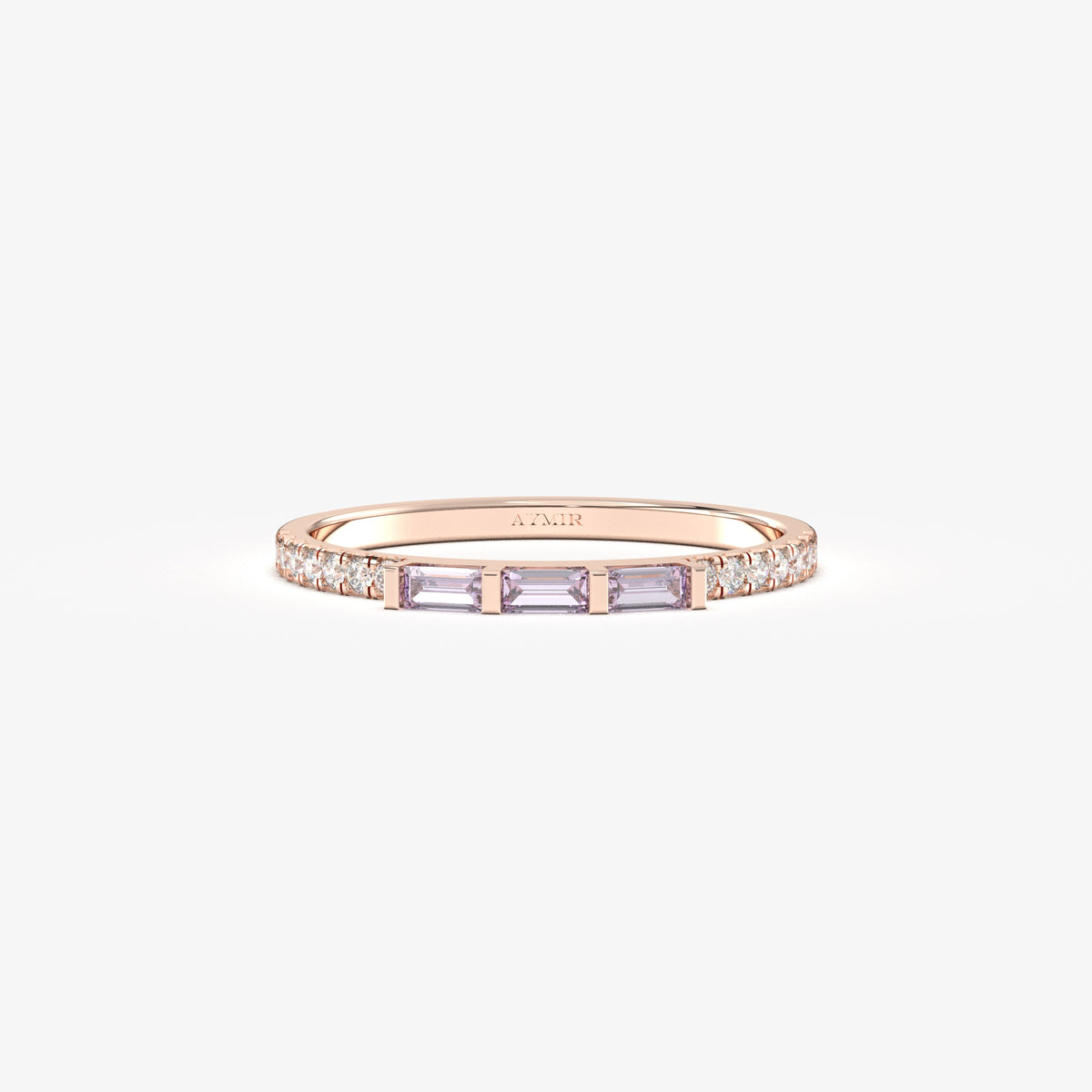 Rose gold lavender-stone baguette ring, front view