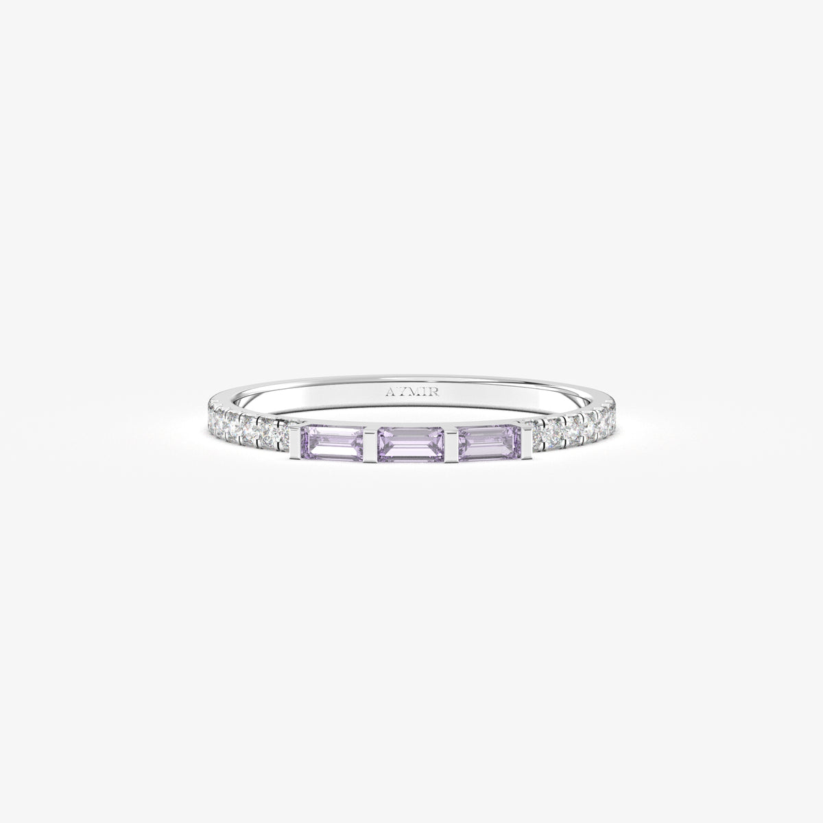 White gold lavender-stone baguette ring, front view