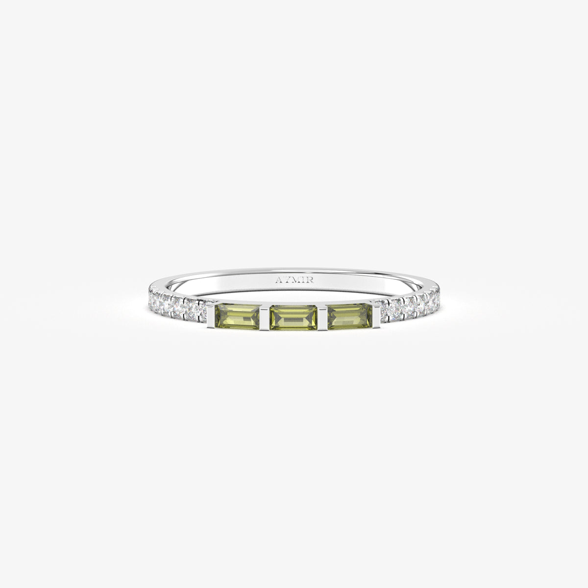 White gold green-stone baguette ring, front view