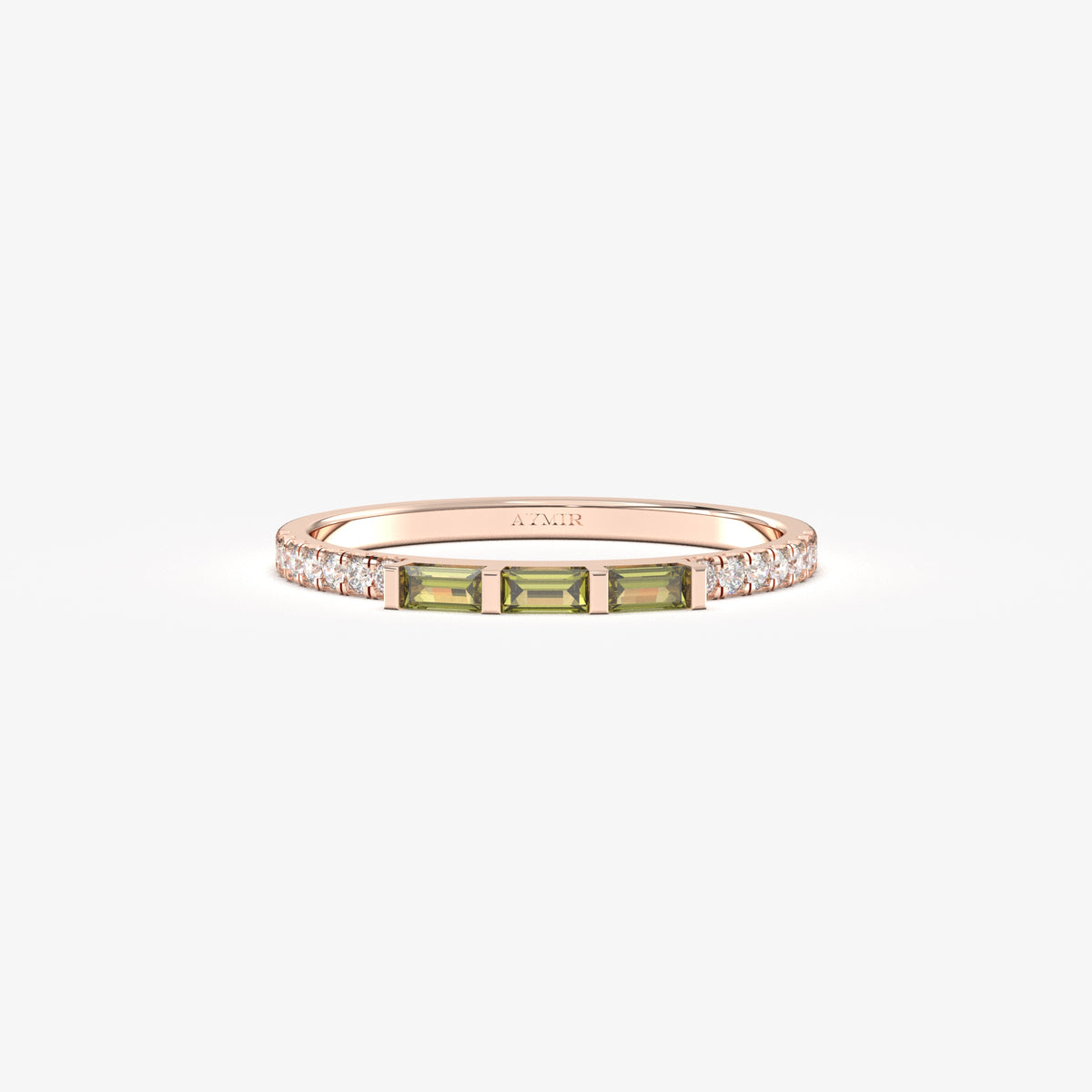 Rose gold green-stone baguette ring, front view