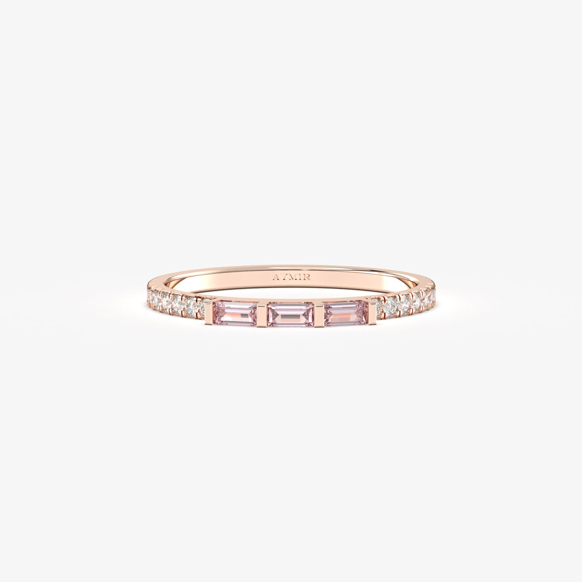 Rose gold pink-stone baguette ring, front view