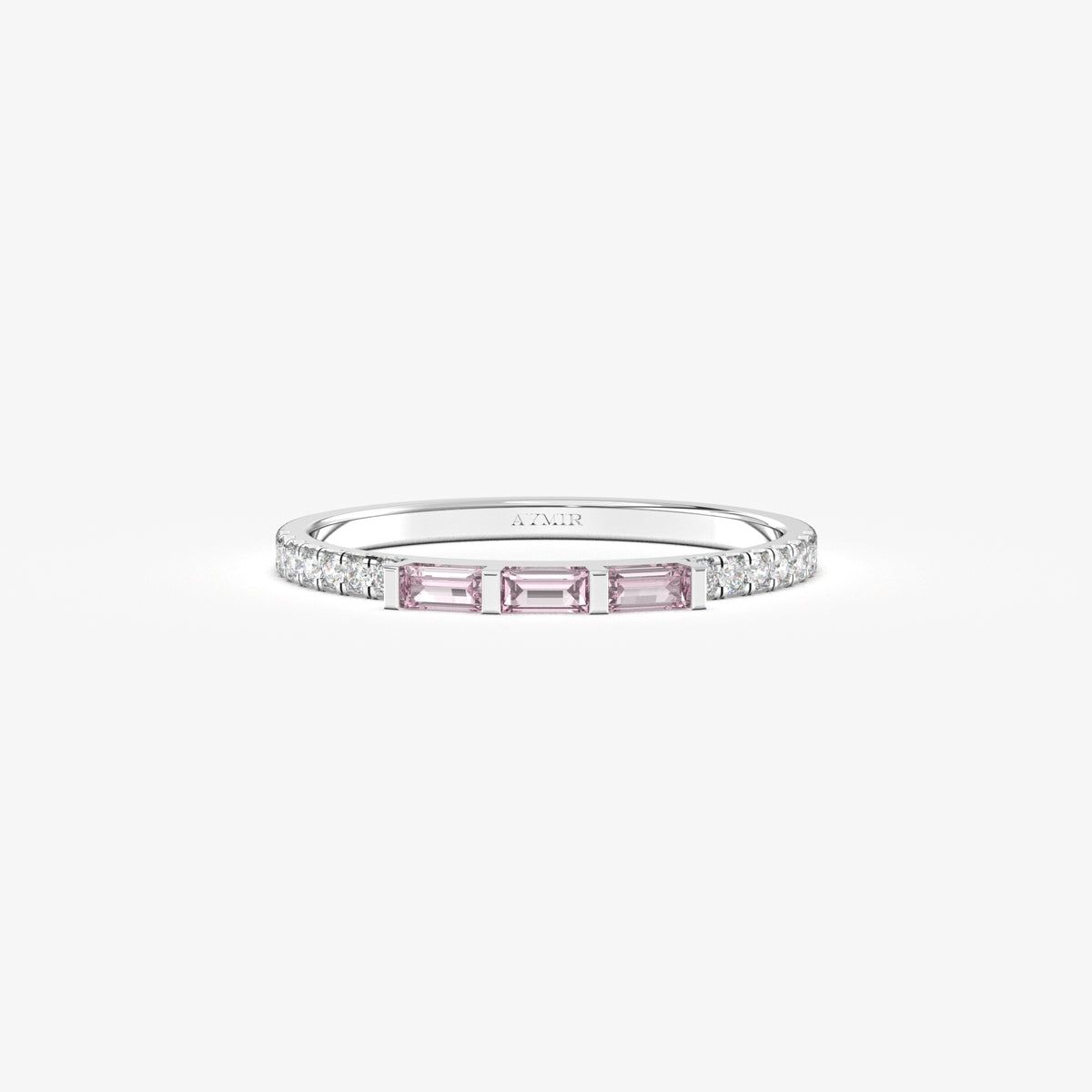 White gold pink-stone baguette ring, front view