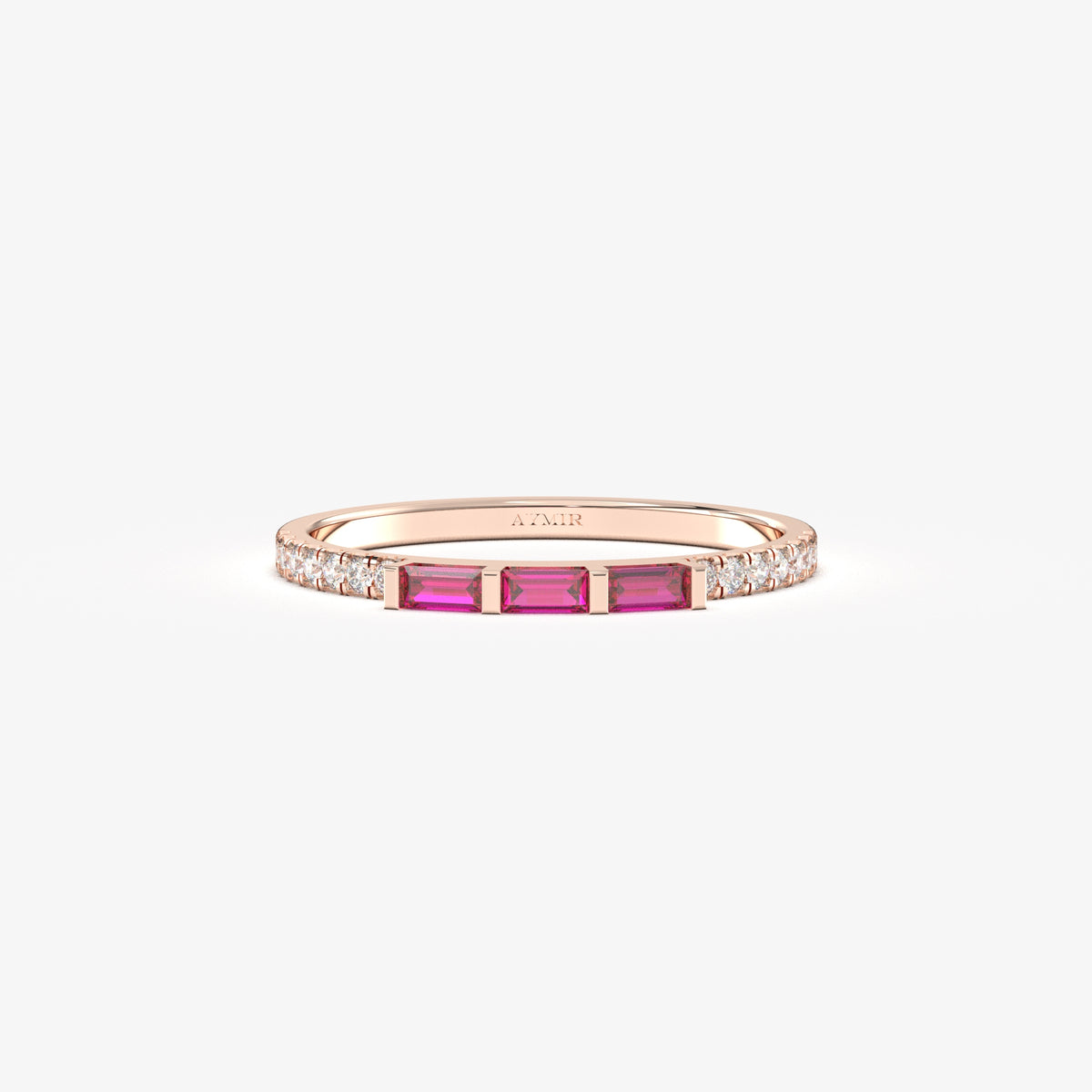 Rose gold red-stone baguette ring, front view