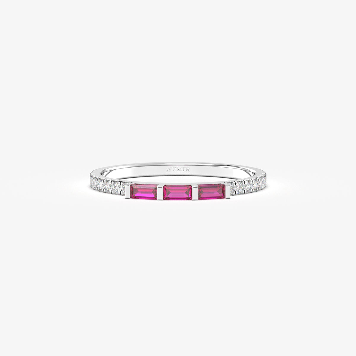 White gold red-stone baguette ring, front view