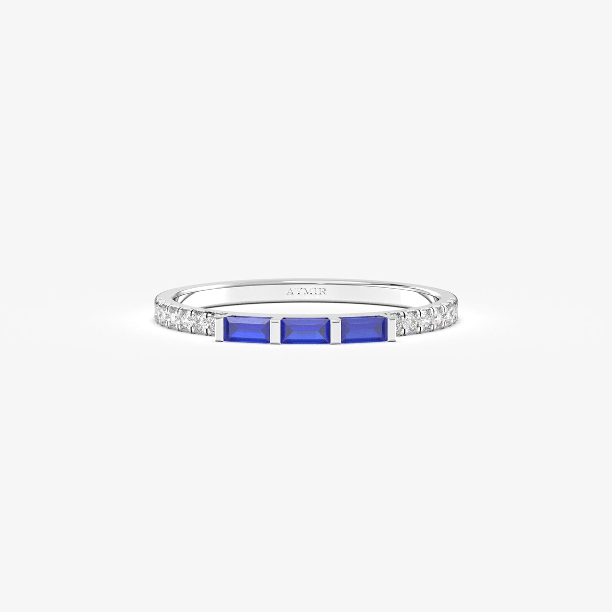 White gold blue-stone baguette ring, front view