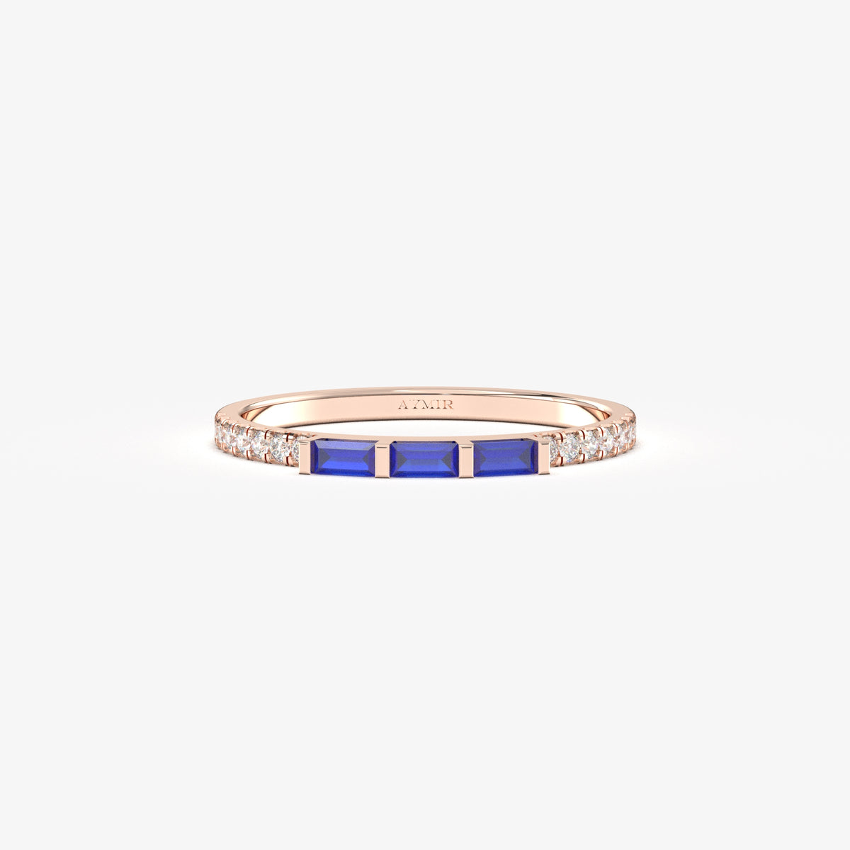 Rose gold blue-stone baguette ring, front view