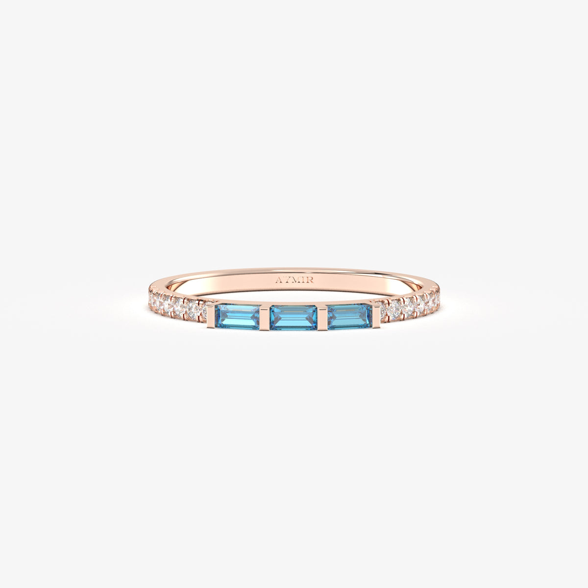 Rose gold light-blue-stone baguette ring, front view