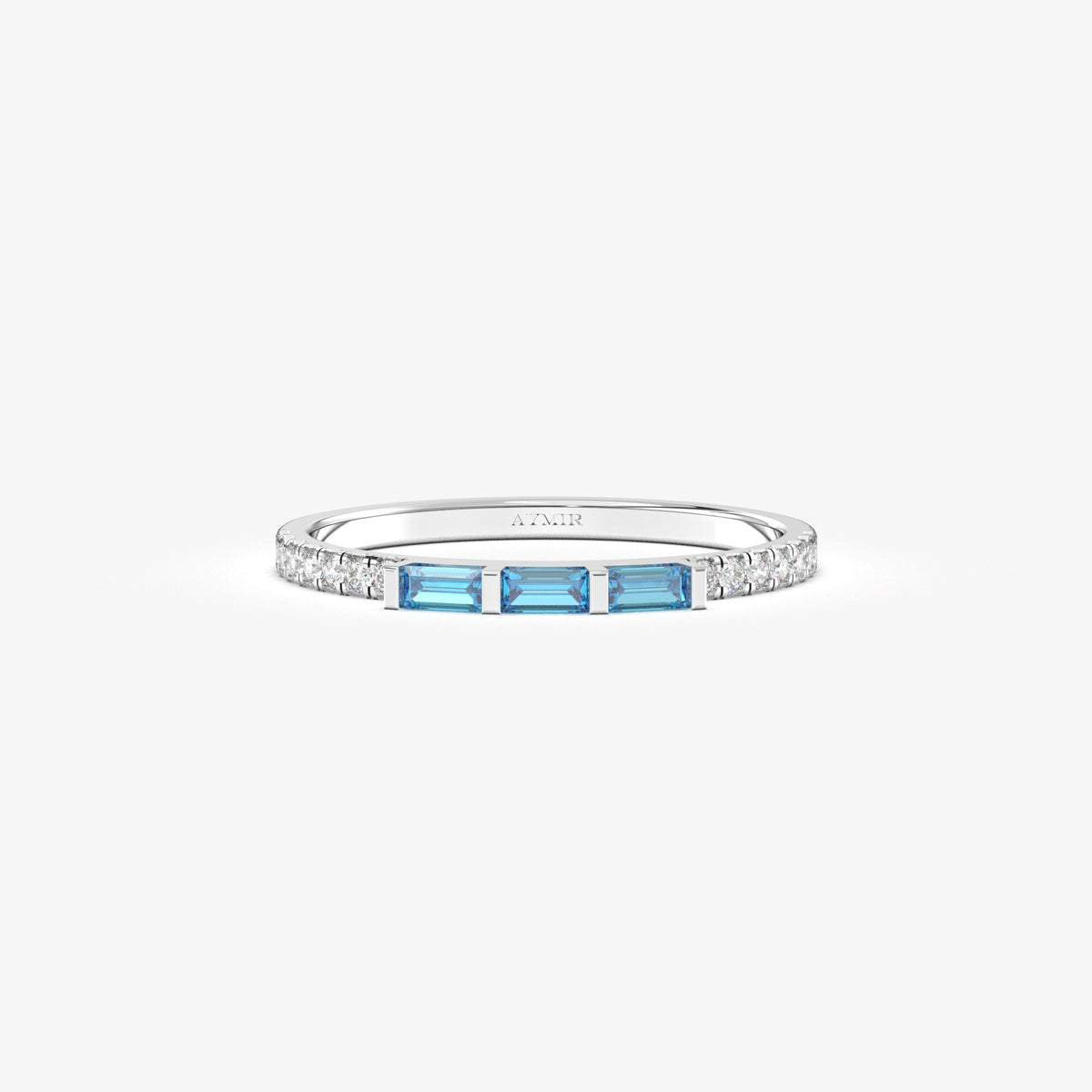 White gold light-blue-stone baguette ring, front view