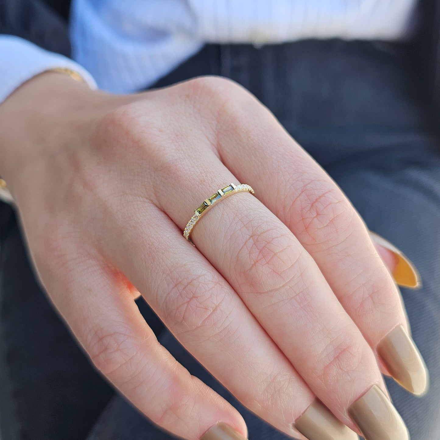 18K Gold Baguette Cut Peridot and Cz Ring - 2S245PER