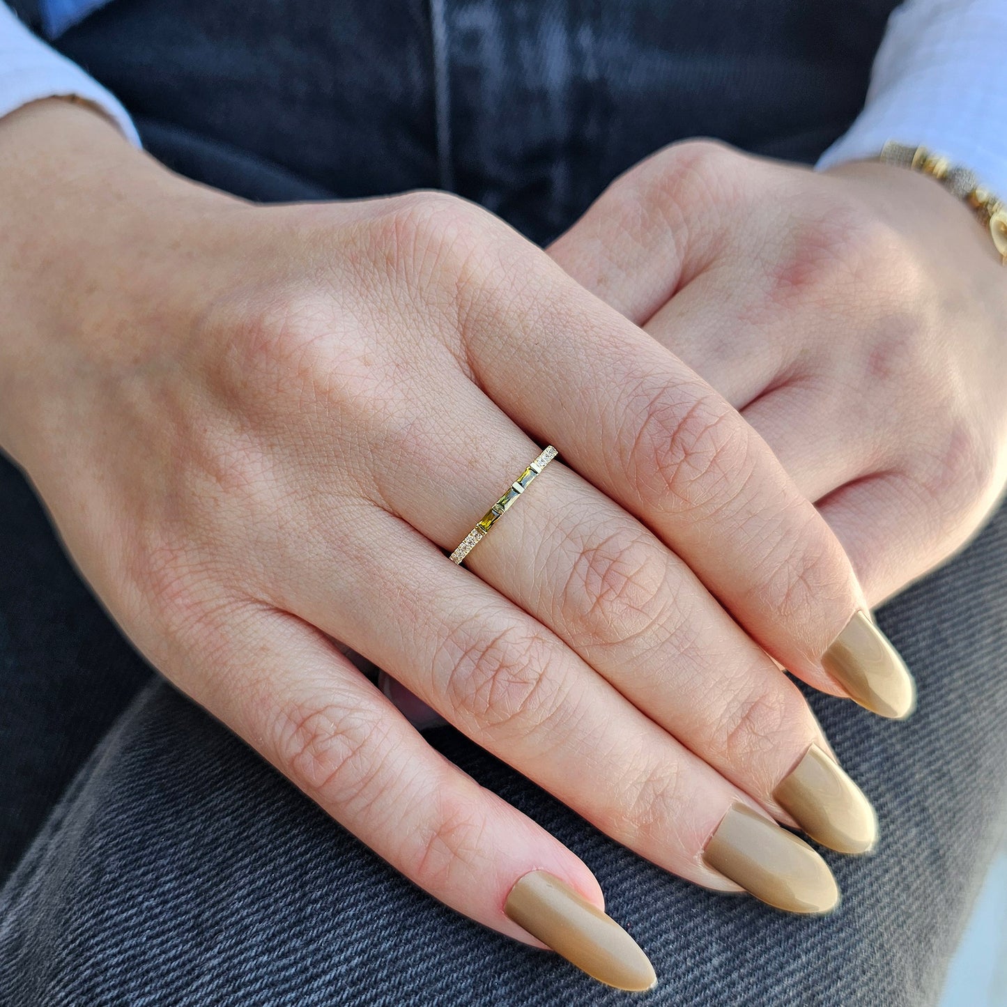 18K Gold Baguette Cut Peridot and Cz Ring - 2S245PER