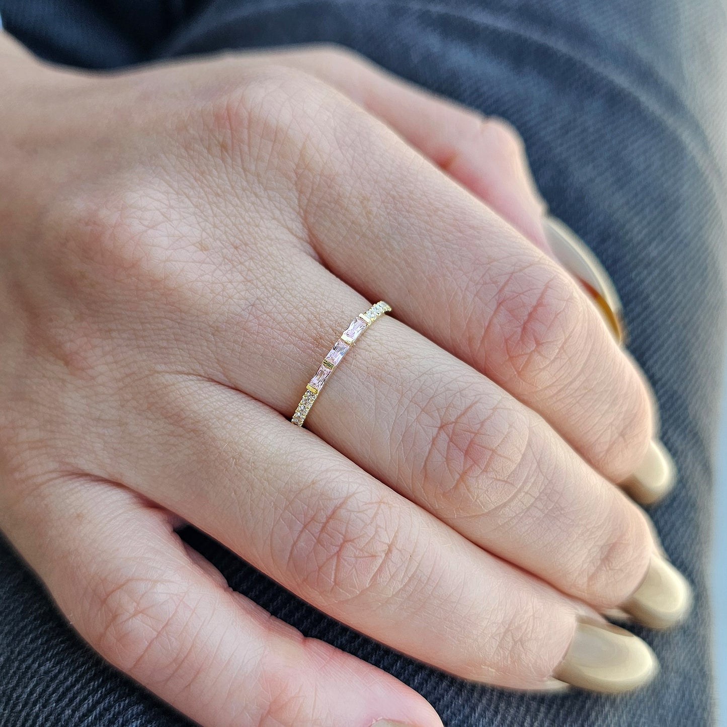 18K Gold Baguette Cut Pink and Cz Ring - 2S245PNK