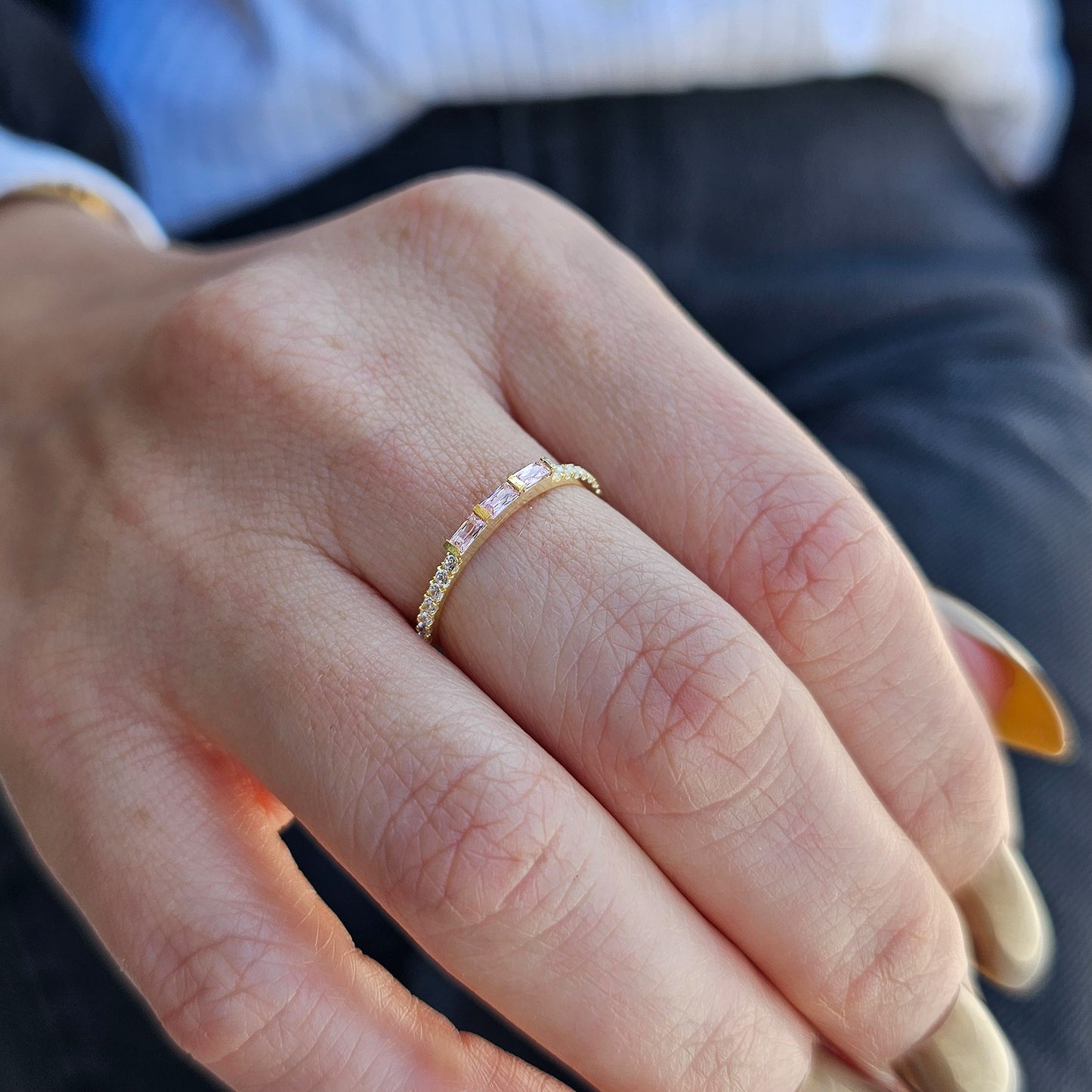 18K Gold Baguette Cut Pink and Cz Ring - 2S245PNK