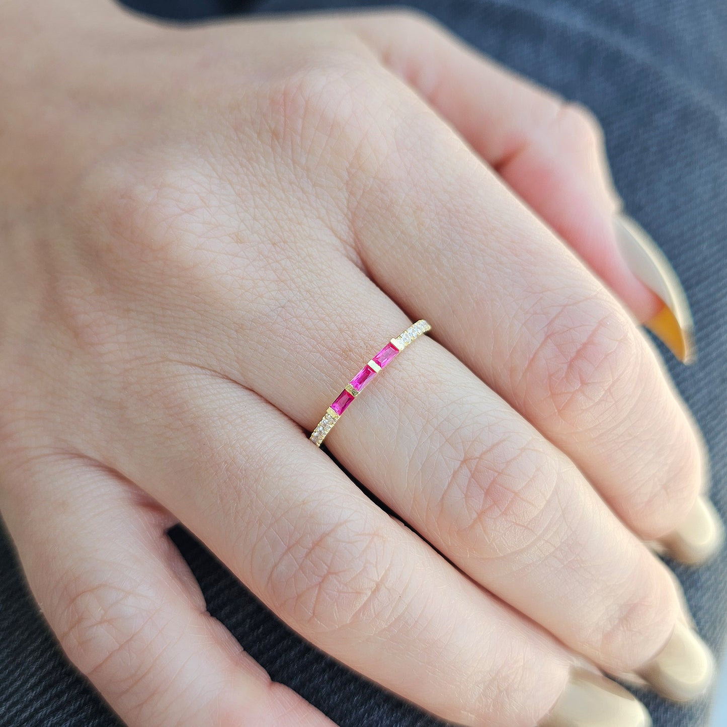 18K Gold Baguette Cut Ruby and Cz Ring - 2S245RBY