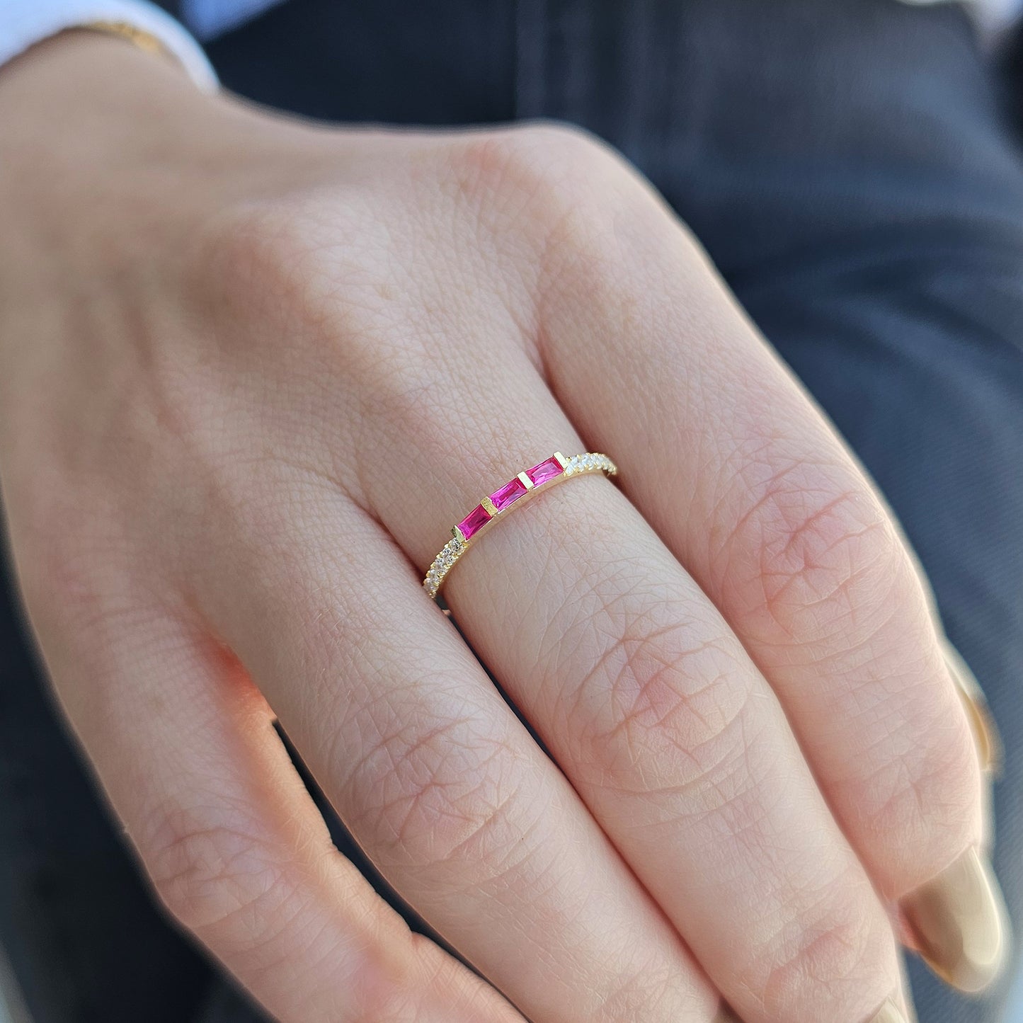 18K Gold Baguette Cut Ruby and Cz Ring - 2S245RBY
