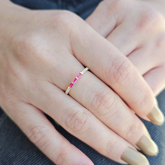18K Gold Baguette Cut Ruby and Cz Ring - 2S245RBY