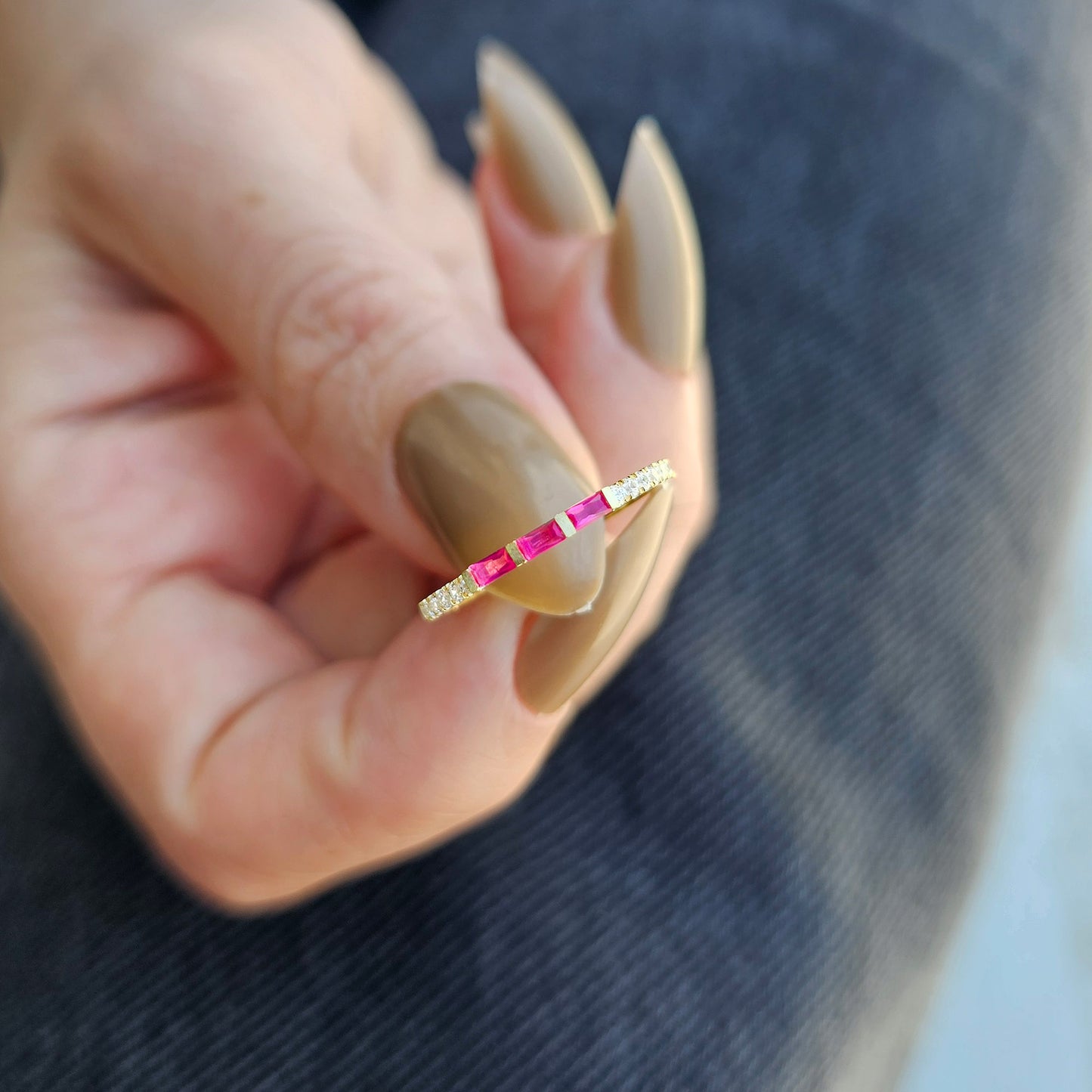 18K Gold Baguette Cut Ruby and Cz Ring - 2S245RBY