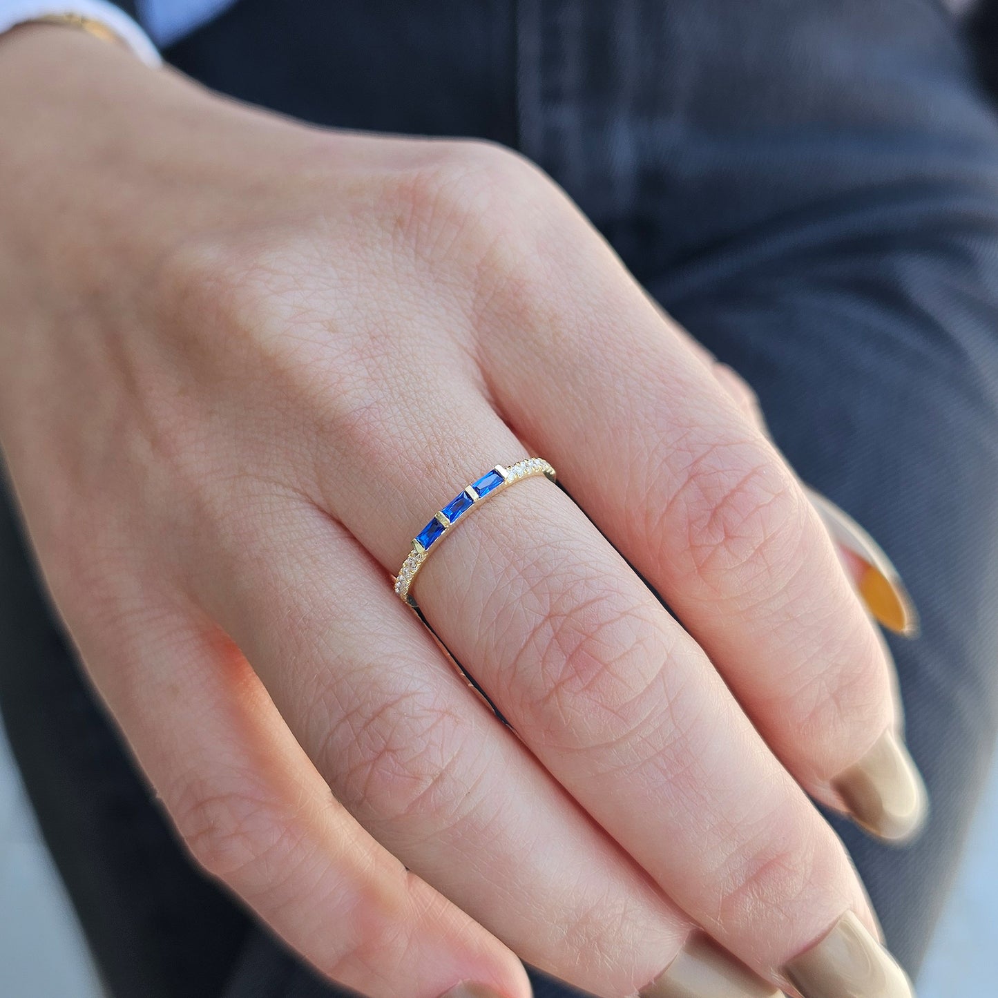 18K Gold Baguette Cut Sapphire and Cz Ring - 2S245SAP