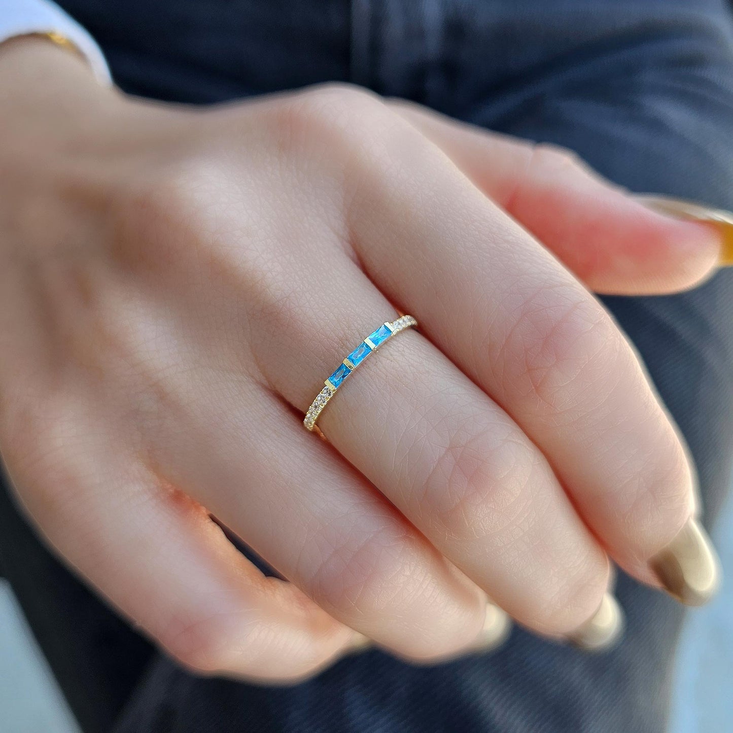 18K Gold Baguette Cut Sky Blue and Cz Ring - 2S245SKY