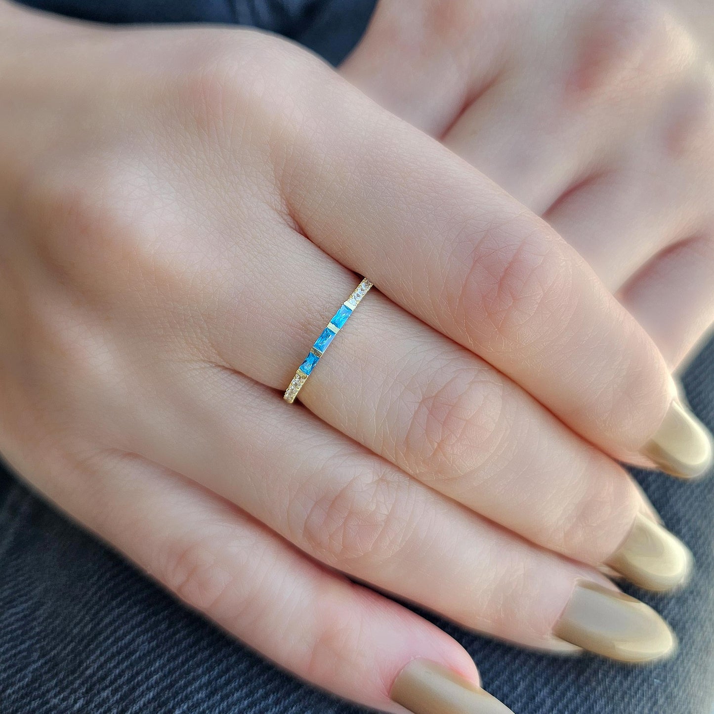 18K Gold Baguette Cut Sky Blue and Cz Ring - 2S245SKY