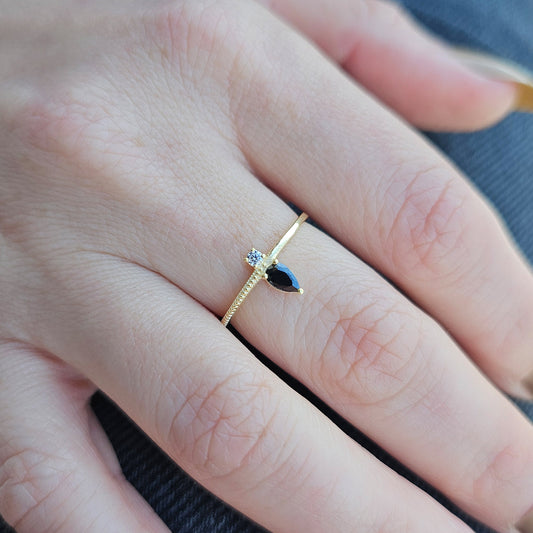 18K Gold Dainty Pear Black Onyx and Diamond Ring - 2S294BLK