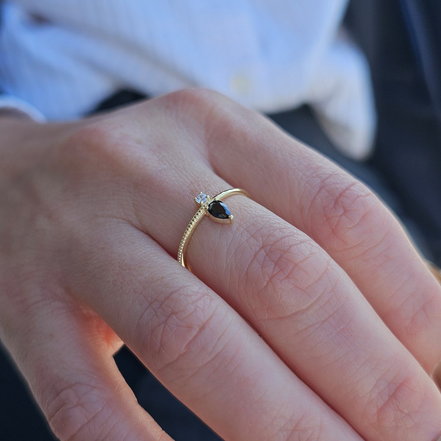 10K Gold Dainty Pear Black Onyx and Diamond Ring - 2S294BLK